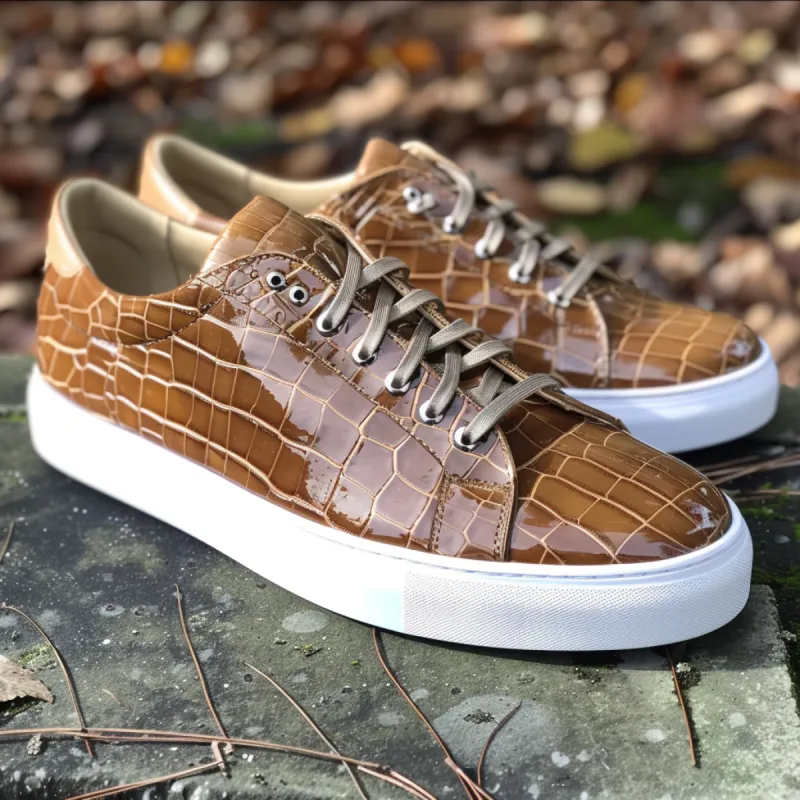 Tan Croc Print Leather Quasimodo Lace Up With White Sole Sneakers sold by Costoso Italiano