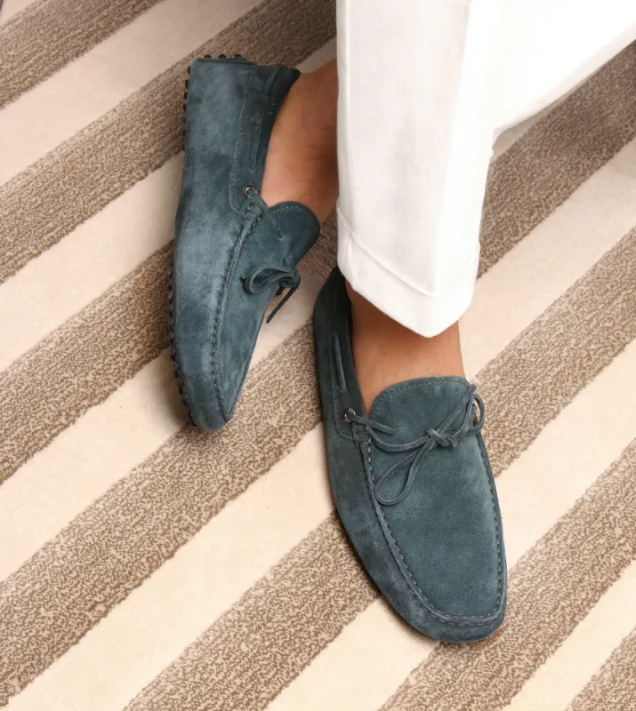 Petrol Blue Suede Ophelia Driving Loafers - AW24 sold by Costoso Italiano