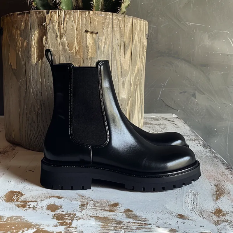 Black Leather Ampelio With Thick Sole Chelsea Boot sold by Costoso Italiano