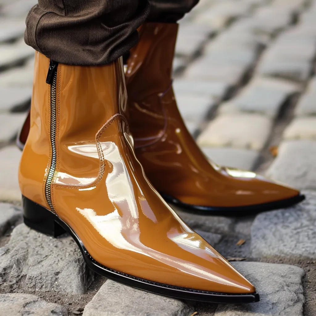 Tan Patent Leather Fortunato Slip-On Pointed Zipper Boots sold by Costoso Italiano