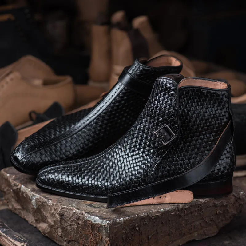 BLACK BRAIDED LEATHER ALBON SLIP ON JODHPUR BOOTS sold by Costoso Italiano