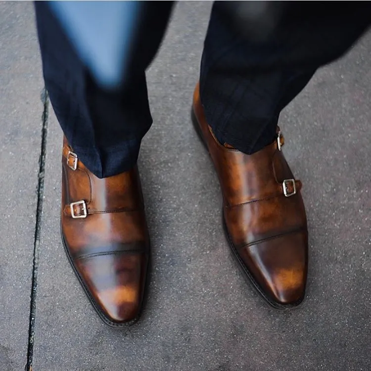 Height Increasing Brown Leather Azores Monk Straps sold by Costoso Italiano