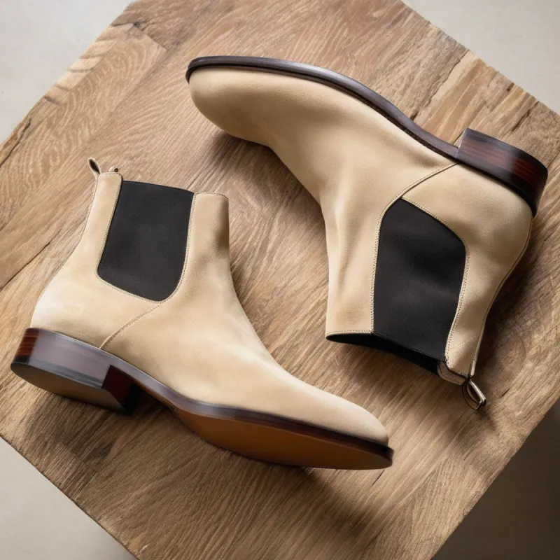 Cream Suede Leather Seville Slip On Chelsea Boots sold by Costoso Italiano