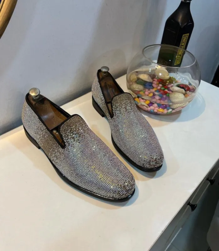 Grey Hand Work Zardozi Peshawari Loafers | Wedding Shoes for Groom | Shoes for Haldi Mehendi Sangeet sold by Costoso Italiano