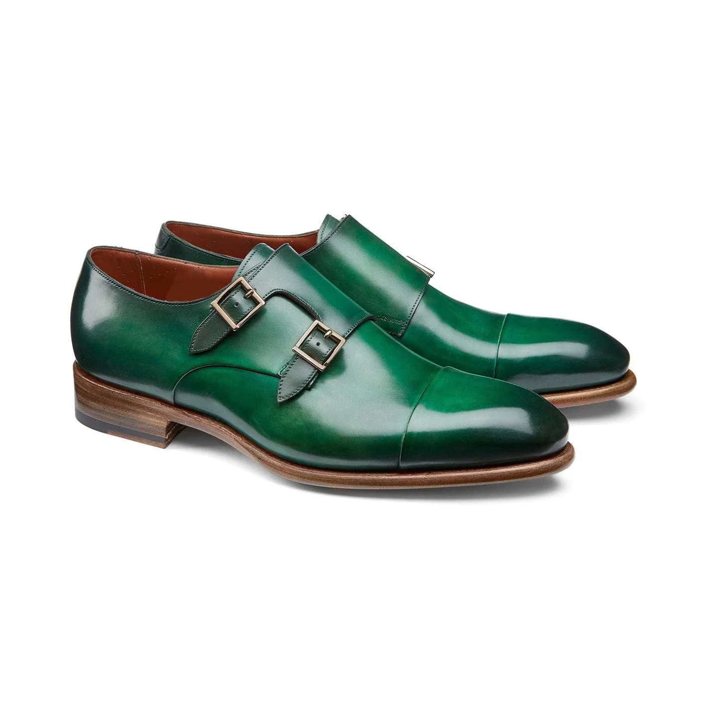 Flat Feet Shoes - Green Leather Castle Monk Straps with Arch Support sold by Costoso Italiano