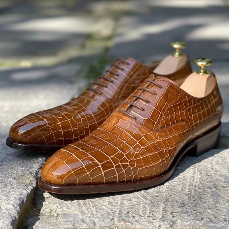 Marcantonio Tan Leather Croc Print Oxford sold by Costoso Italiano