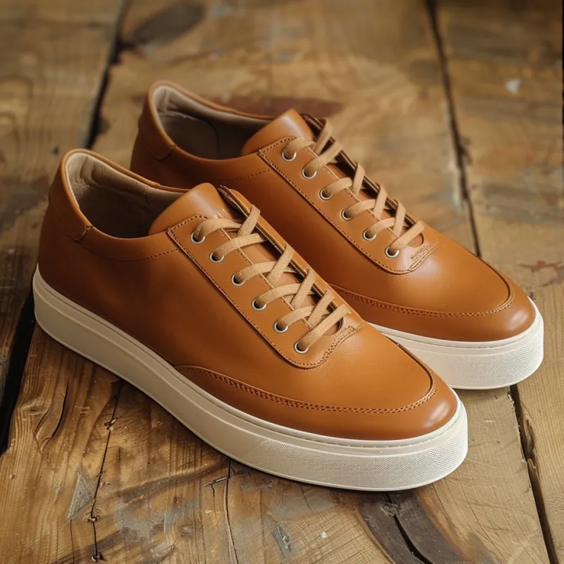 Tan Leather Golden Glide Lace-Up Sneakers with White Sole - Summer 2024 Collection sold by Costoso Italiano