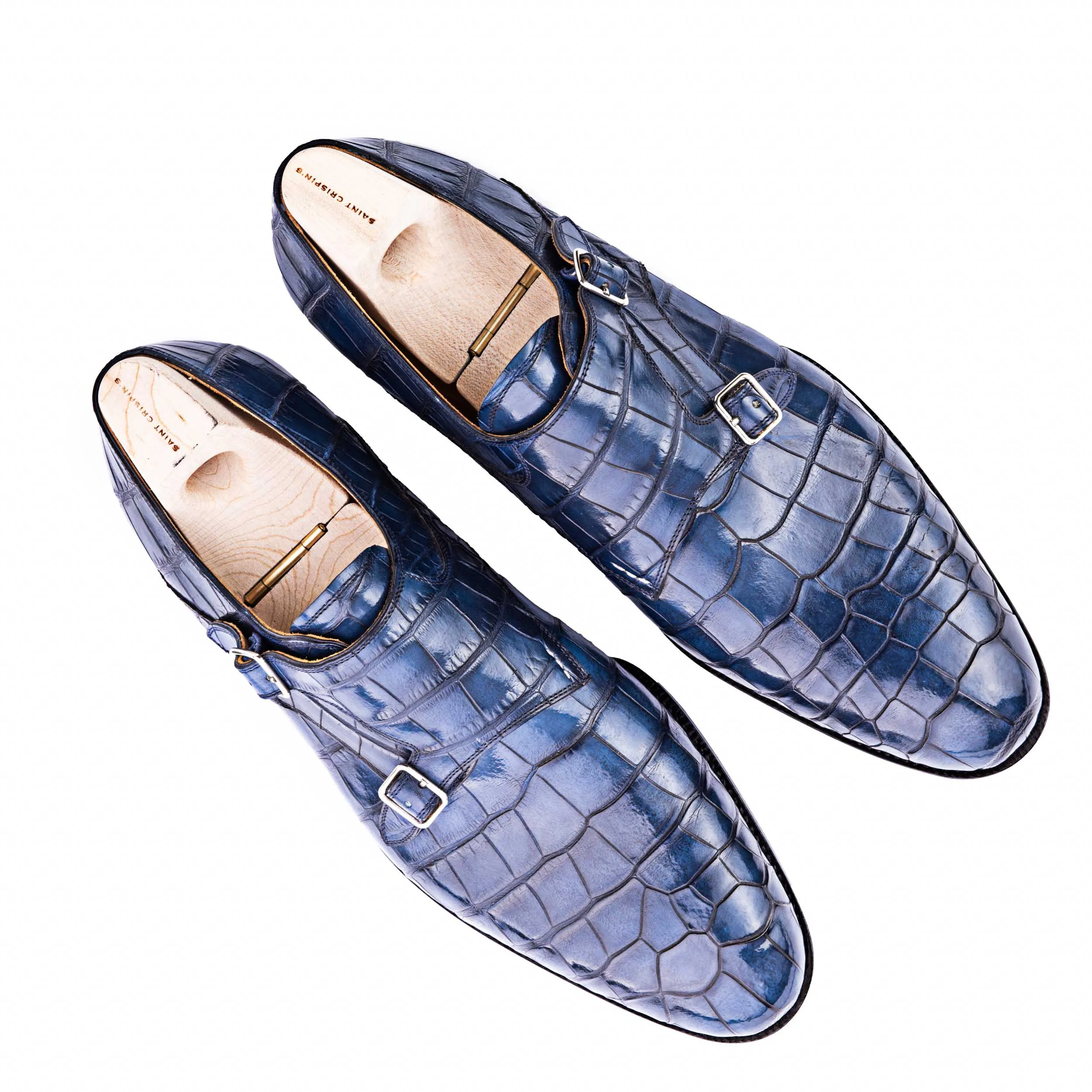 Flat Feet Shoes - Goodyear Welted Aveiro Navy Blue Leather Croc Print Double Monk Strap With Violin Leather Sole with Arch Support sold by Costoso Italiano product image thumbnail 2