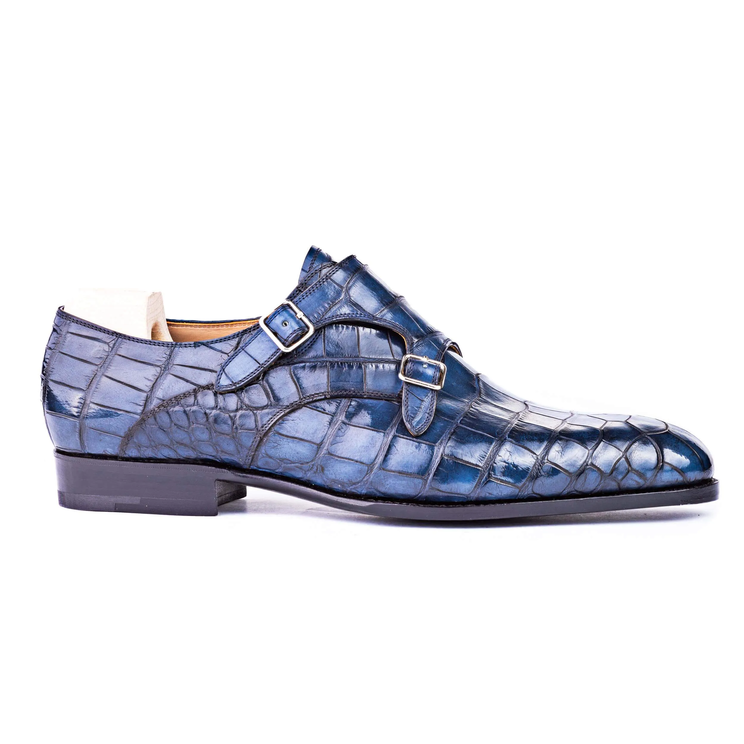 Flat Feet Shoes - Goodyear Welted Aveiro Navy Blue Leather Croc Print Double Monk Strap With Violin Leather Sole with Arch Support sold by Costoso Italiano product image thumbnail 3