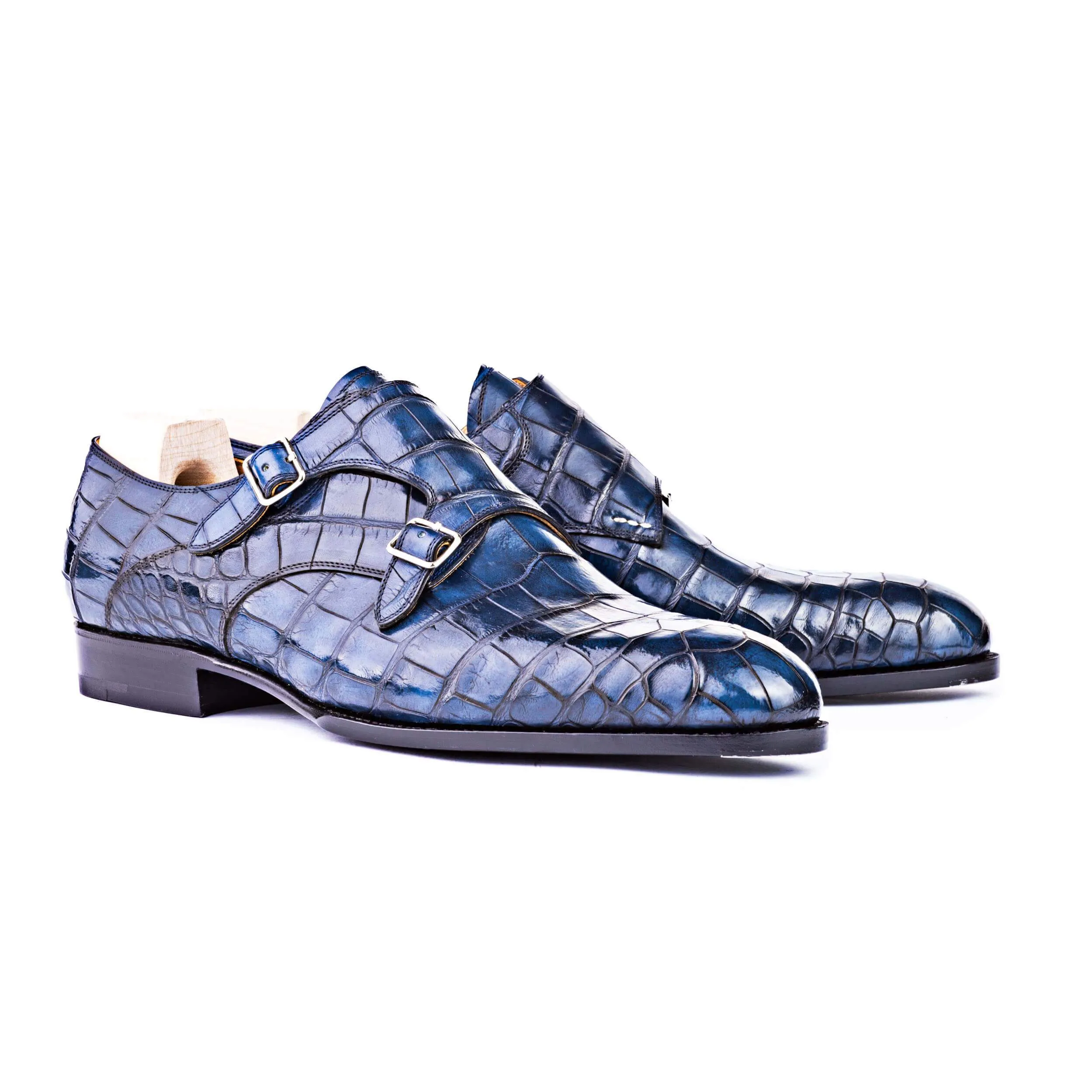 Flat Feet Shoes - Goodyear Welted Aveiro Navy Blue Leather Croc Print Double Monk Strap With Violin Leather Sole with Arch Support sold by Costoso Italiano