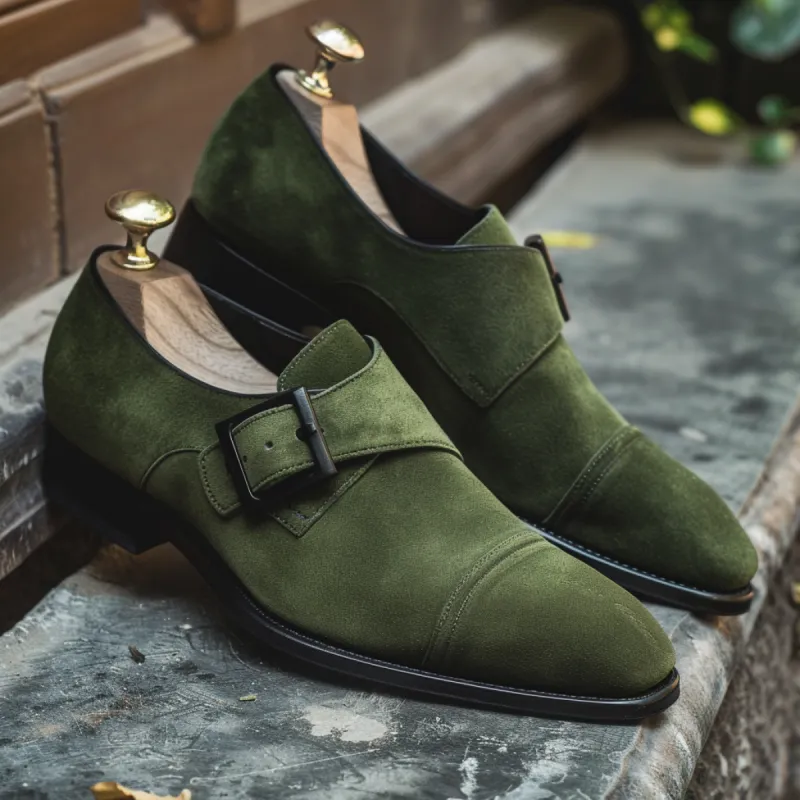 Green Leather and Suede Bernardino Monk Straps sold by Costoso Italiano