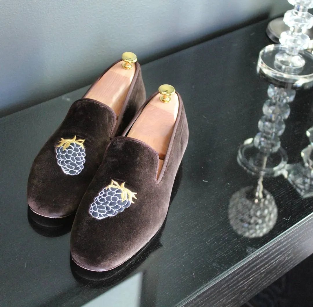 Height Increasing Brown Leather Asturias Grape Embroidered Loafers sold by Costoso Italiano