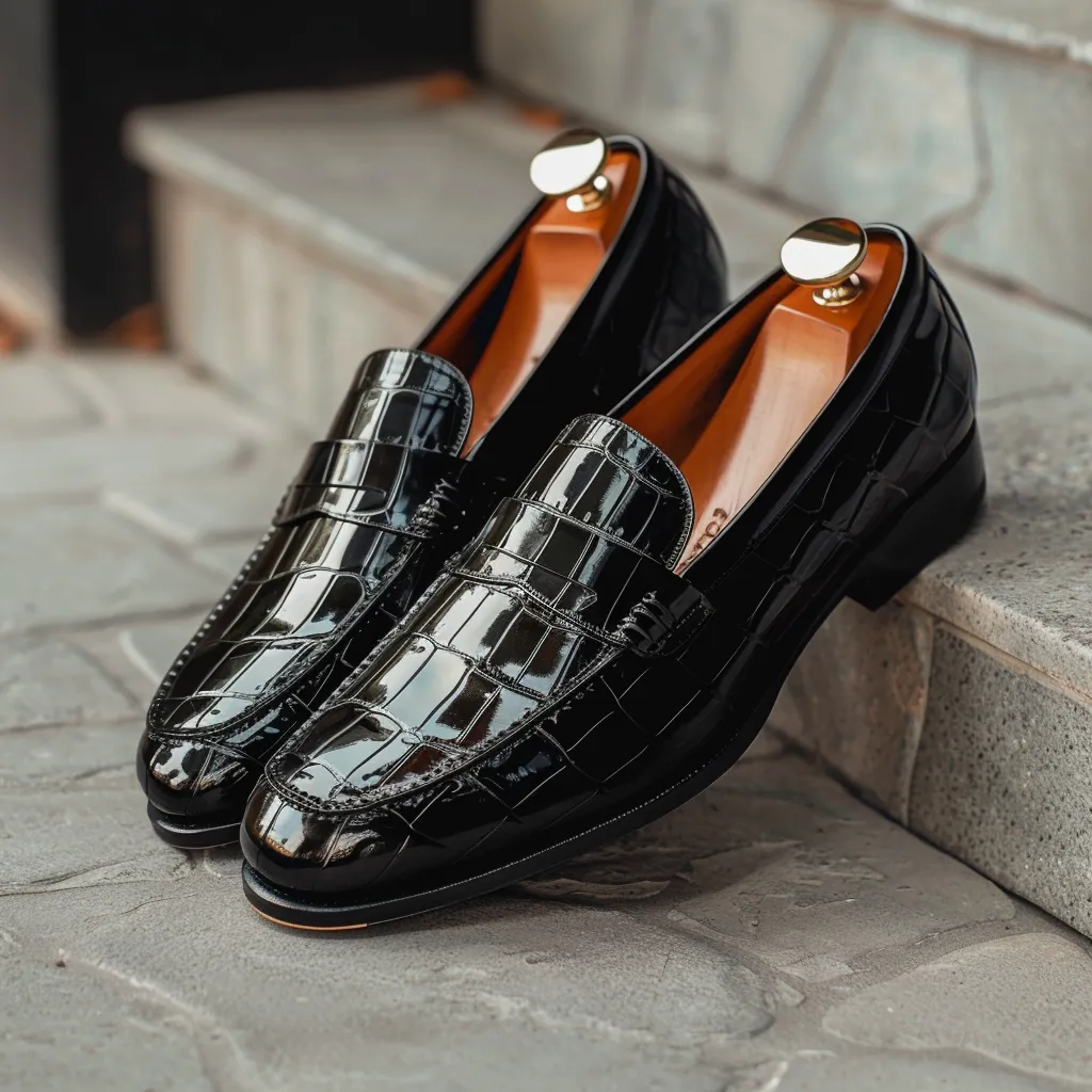 Black Croc Print Leather Antimo Loafers sold by Costoso Italiano