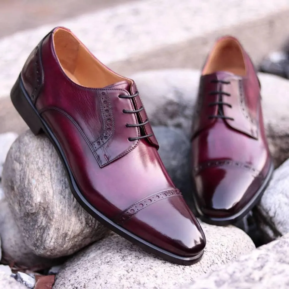 Burgundy Brown Leather Gambier Brogue Toe Cap Derby Shoes sold by Costoso Italiano