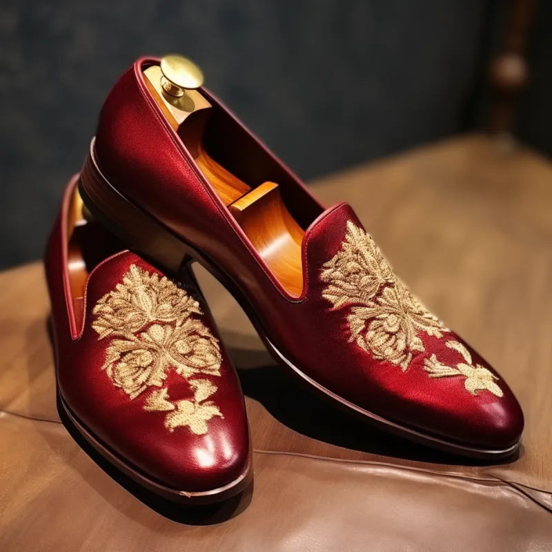 Burgundy Leather Embroidery Work Peshawari Loafers | Wedding Shoes for Groom | Shoes for Haldi Mehendi Sangeet sold by Costoso Italiano