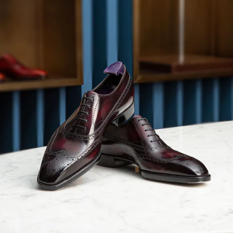 Burgundy Brown Leather Modena Brogue Wingtip Oxford Shoes - AW24 sold by Costoso Italiano