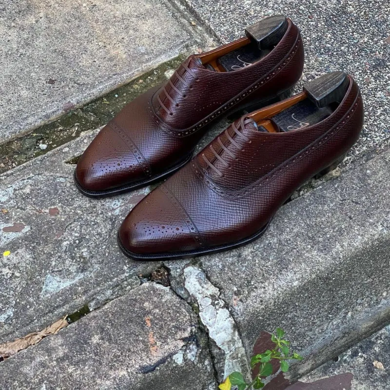 Brown Milled Grain Leather Treviso Brogue Toe Cap Oxford Shoes - AW24 sold by Costoso Italiano
