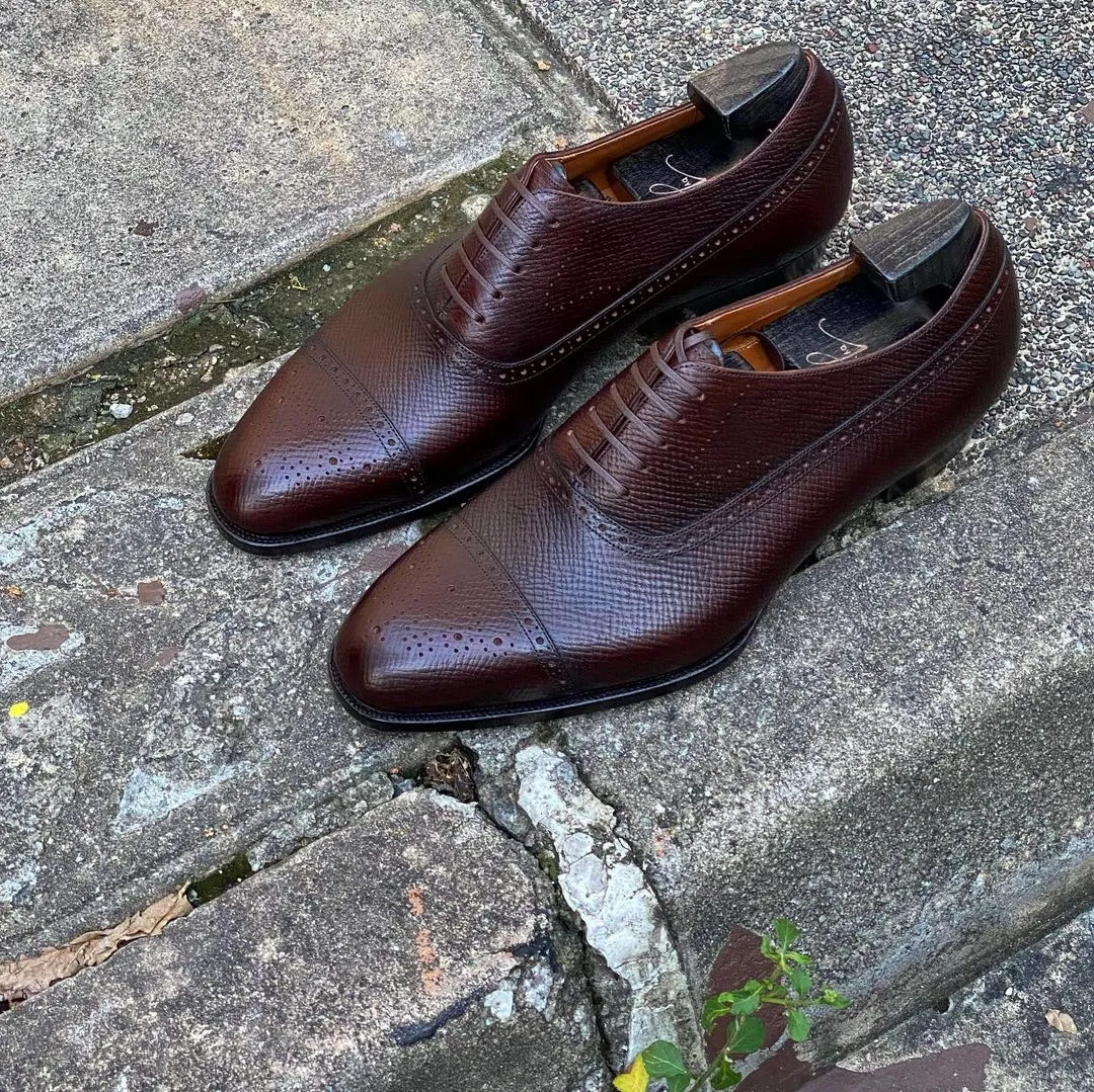 Brown Milled Grain Leather Treviso Brogue Toe Cap Oxford Shoes - AW24 sold by Costoso Italiano
