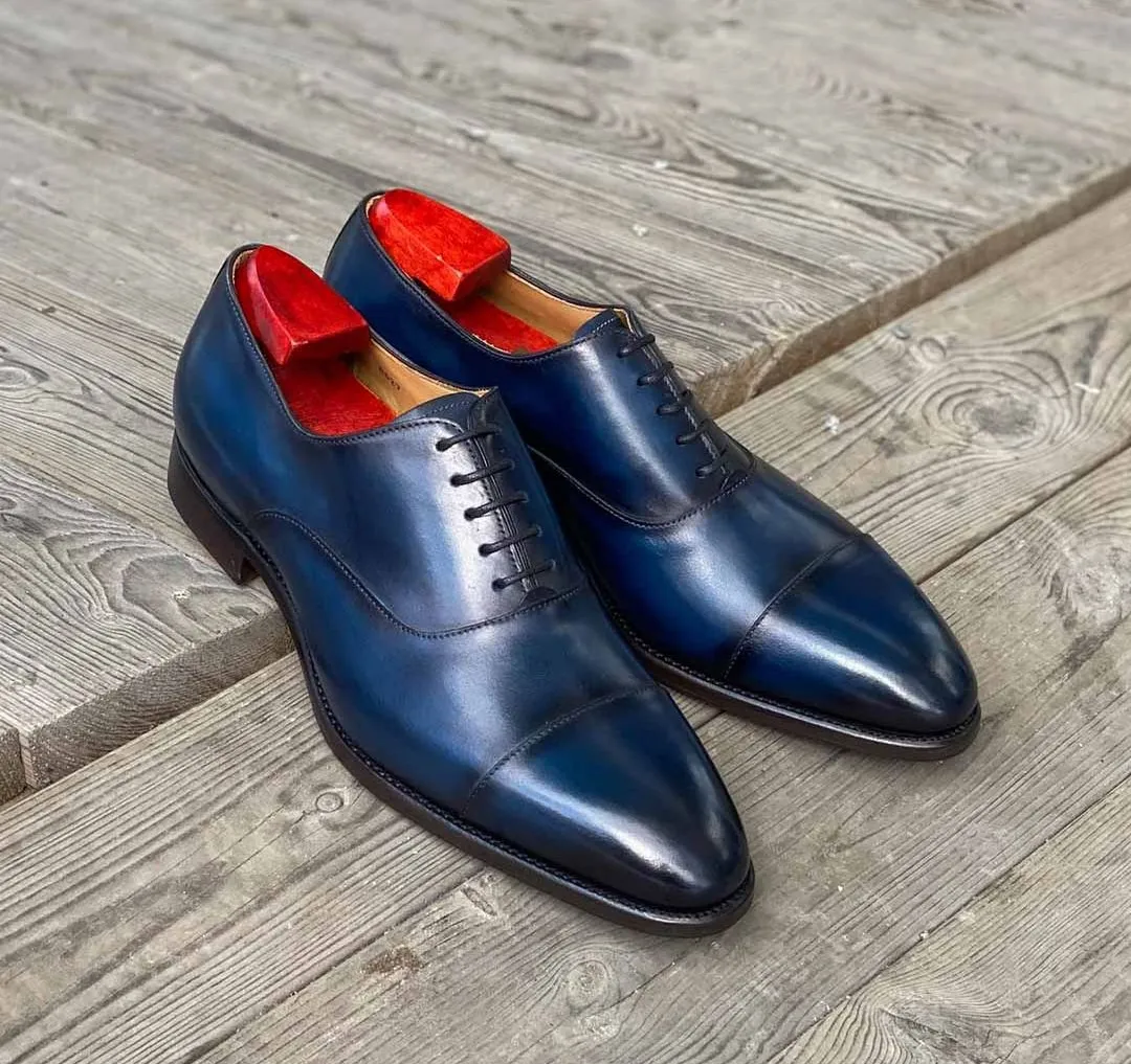 Height Increasing Navy Blue Leather Ebikon Toecap Oxfords - Formal Shoes sold by Costoso Italiano