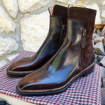 Brown Suede and Leather Ione Chelsea Zipper Boots with Norwegian Welted Sole - AW24 sold by Costoso Italiano