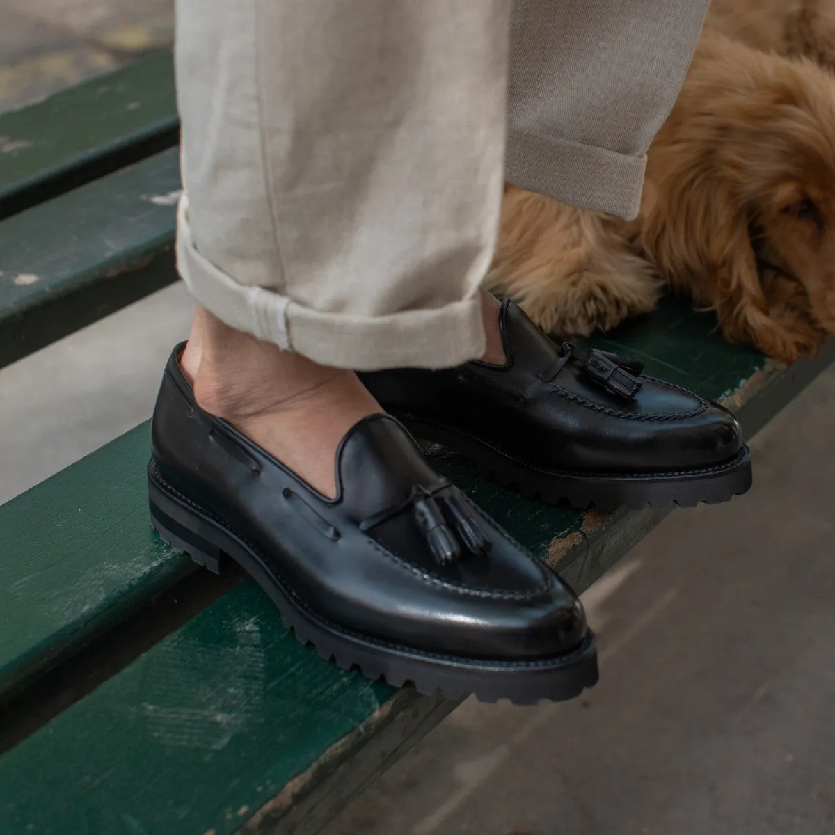 Black Leather Belize Chunky Tassel Loafers - With Track Soles - AW22 sold by Costoso Italiano