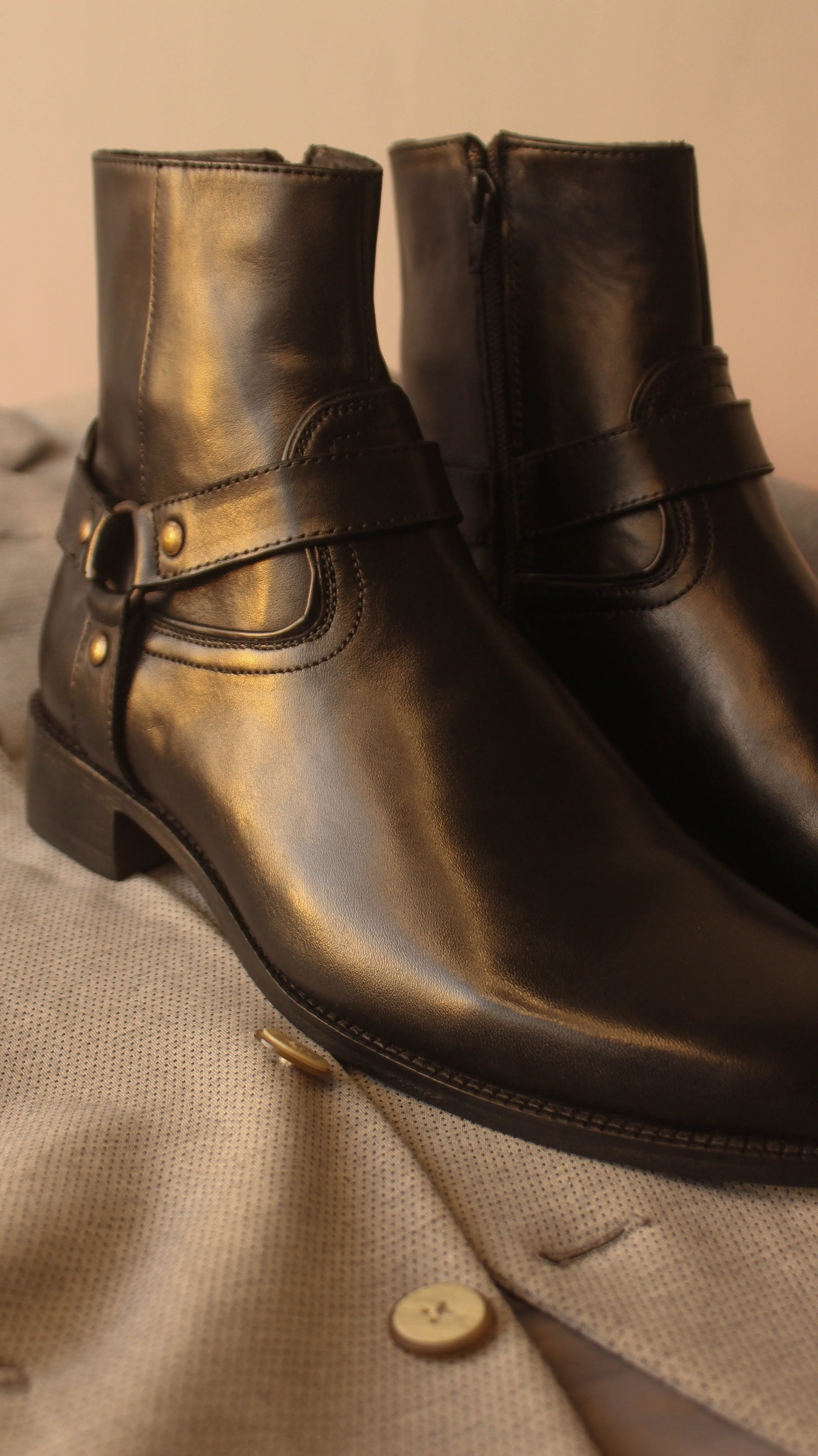 Black Leather Fabrigo Harness Chelsea Boots sold by Costoso Italiano