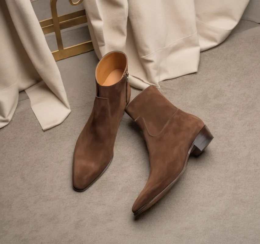 Brown Suede Leather Fiorina Slip On Zipper Pointed Boots for Men - AW24 sold by Costoso Italiano