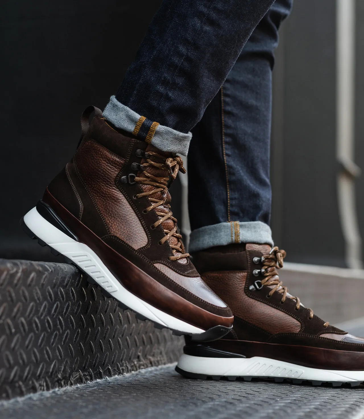 Height Increasing Brown Leather and Suede Dreketi High Top Sneaker Boots sold by Costoso Italiano