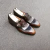 Height Increasing Brown Leather and Navy Blue Suede Chaves Monk Straps sold by Costoso Italiano