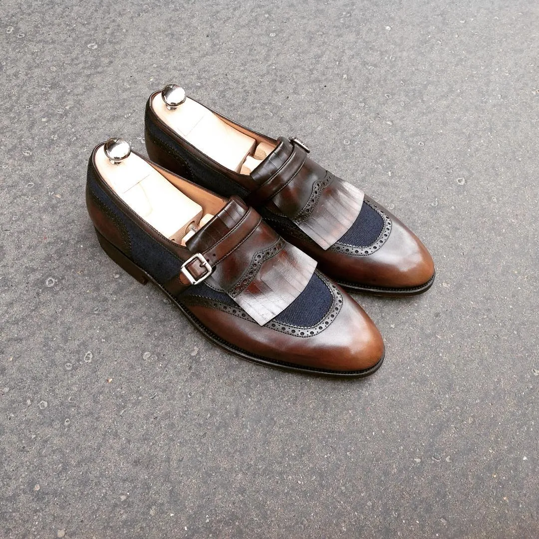 Height Increasing Brown Leather and Navy Blue Suede Chaves Monk Straps sold by Costoso Italiano