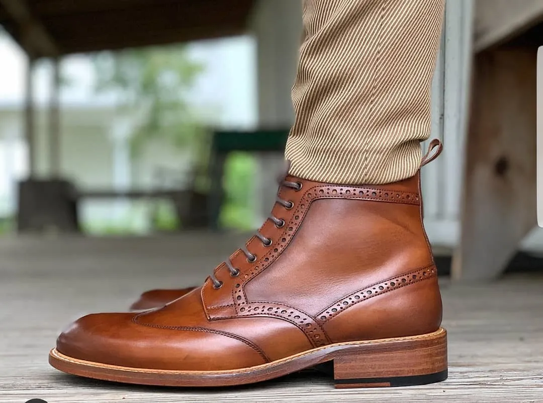 Height Increasing Tan Leather Segovia Derby Boots sold by Costoso Italiano