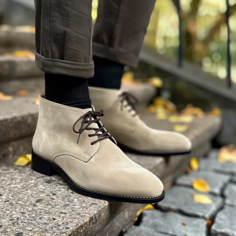 Beige Suede Cristiano Lace Up Chukka Boots sold by Costoso Italiano