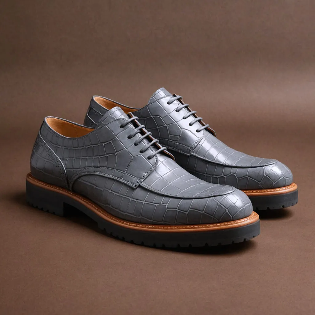 Grey Croc Print Leather Orion Chunky Derby Shoes - SS23 sold by Costoso Italiano