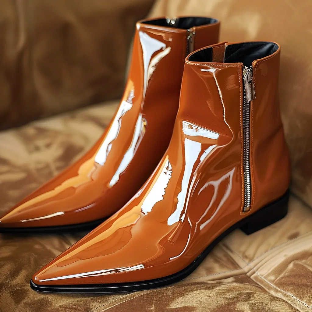 Tan Patent Leather Franco Slip-On Pointed Zipper Boots sold by Costoso Italiano