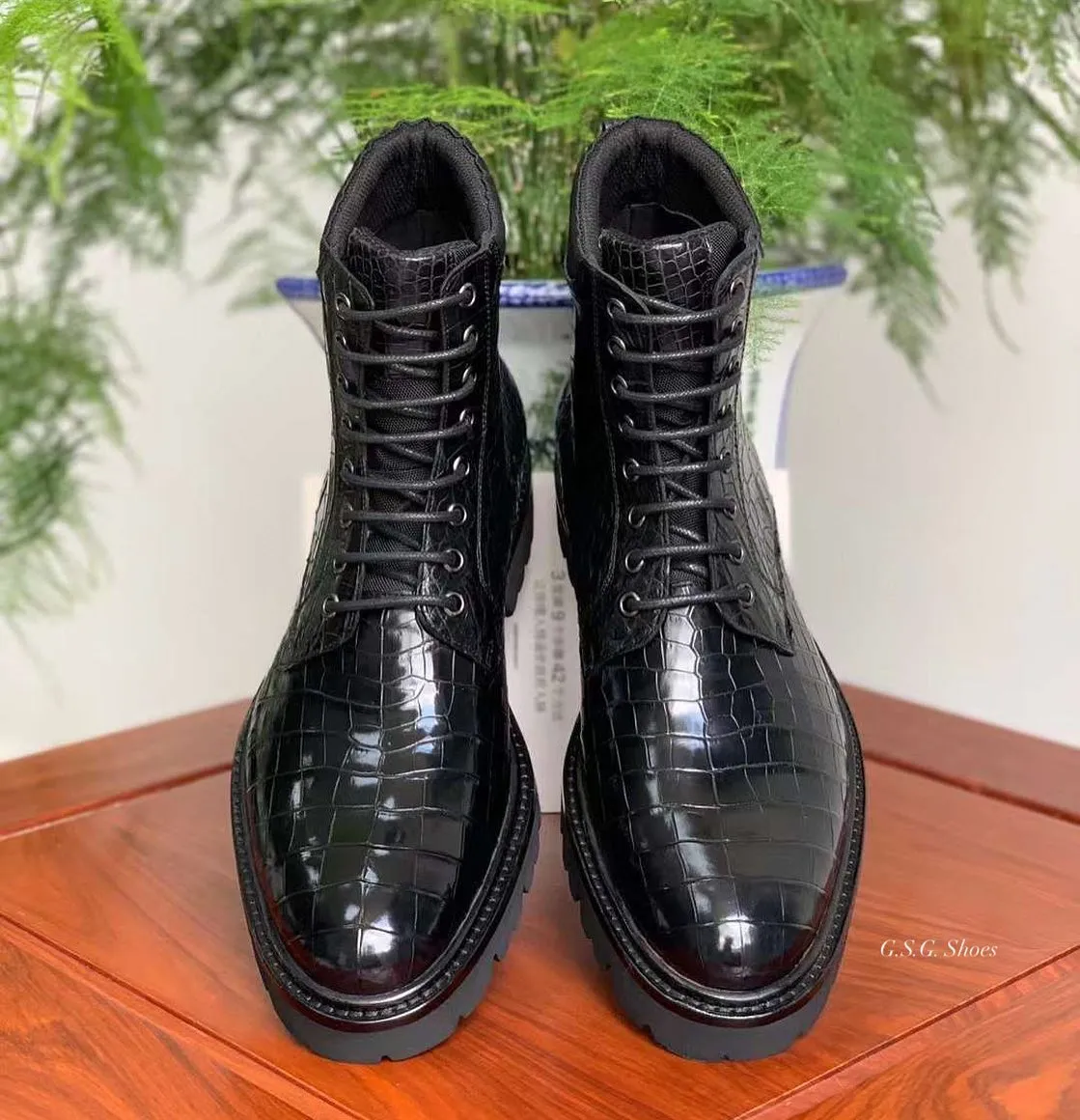 Black Crocodile Print Leather Caxias Derby Boots - Alligator Print Boots sold by Costoso Italiano product image thumbnail 2