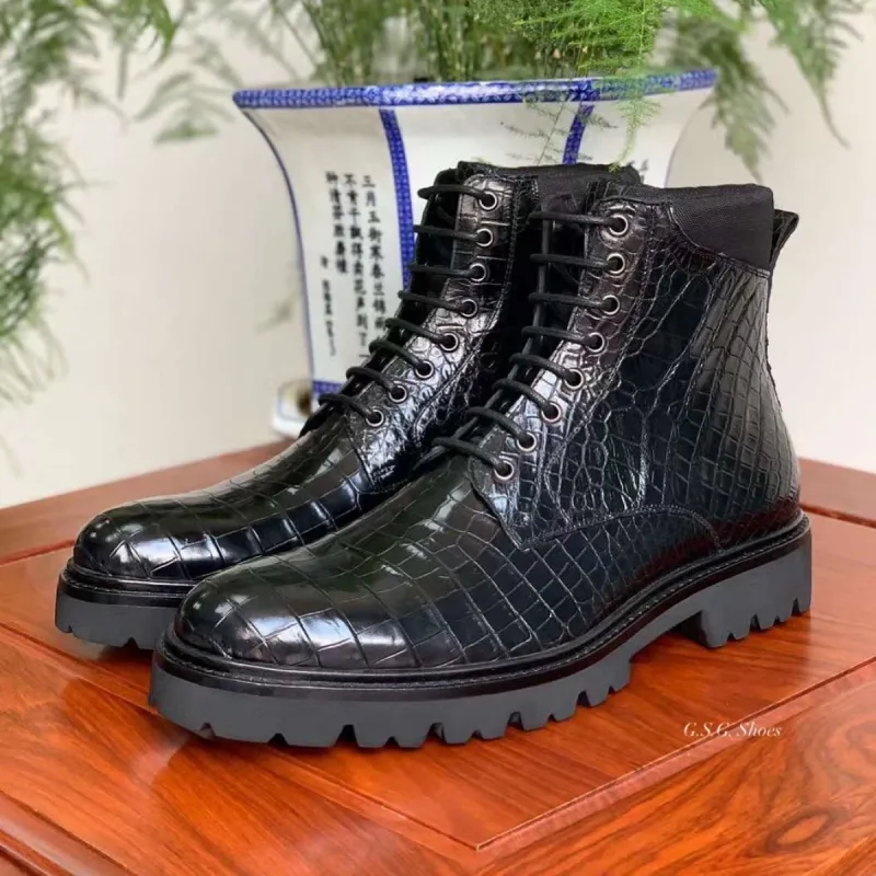 Black Crocodile Print Leather Caxias Derby Boots - Alligator Print Boots sold by Costoso Italiano