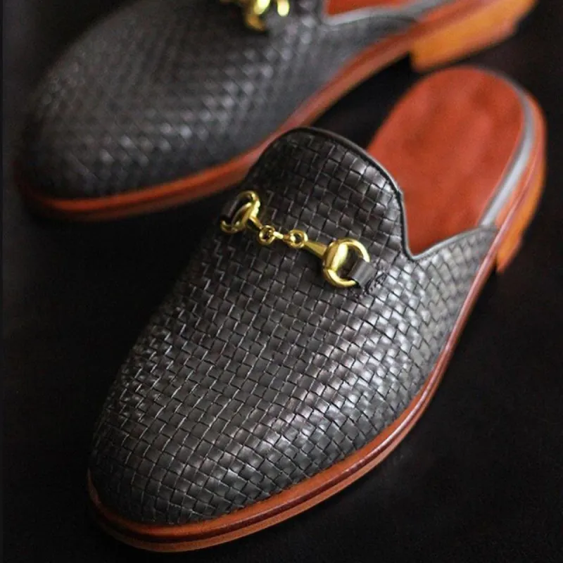 Flat Feet Shoes - Black Woven Braided Leather Leiria Horsebit Slippers with Arch Support sold by Costoso Italiano