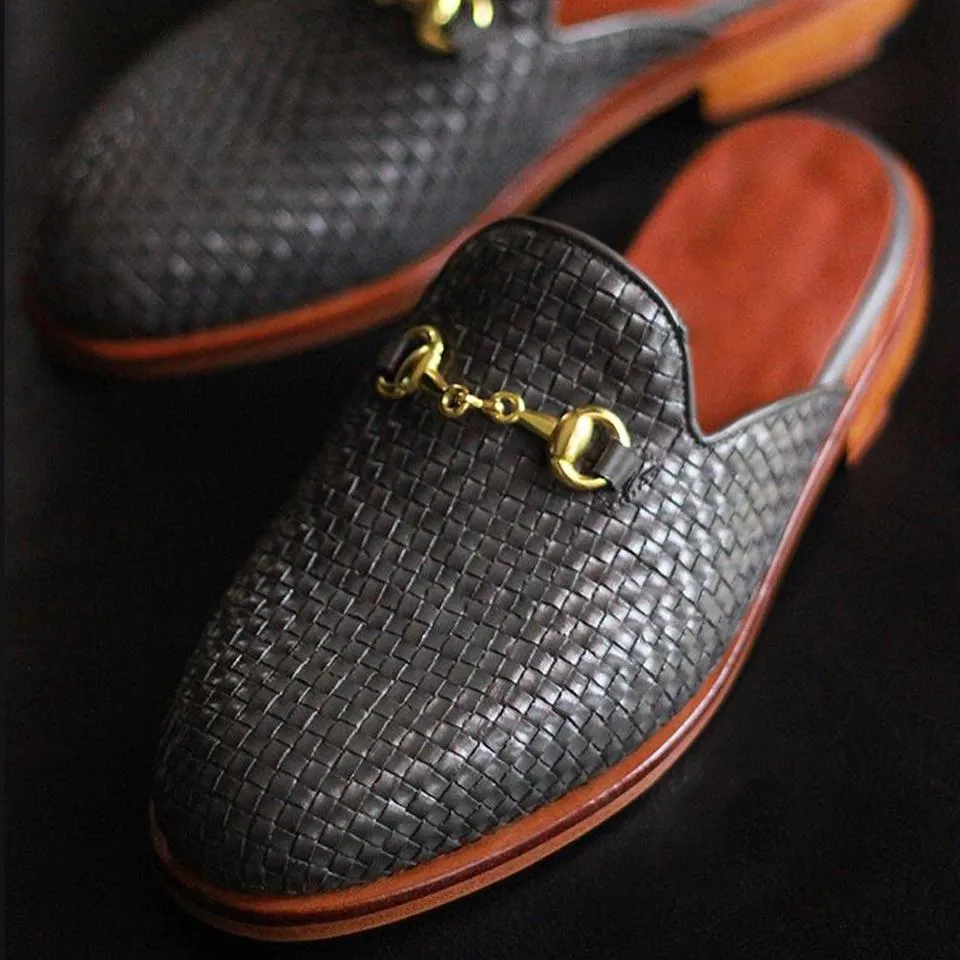Flat Feet Shoes - Black Woven Braided Leather Leiria Horsebit Slippers with Arch Support sold by Costoso Italiano