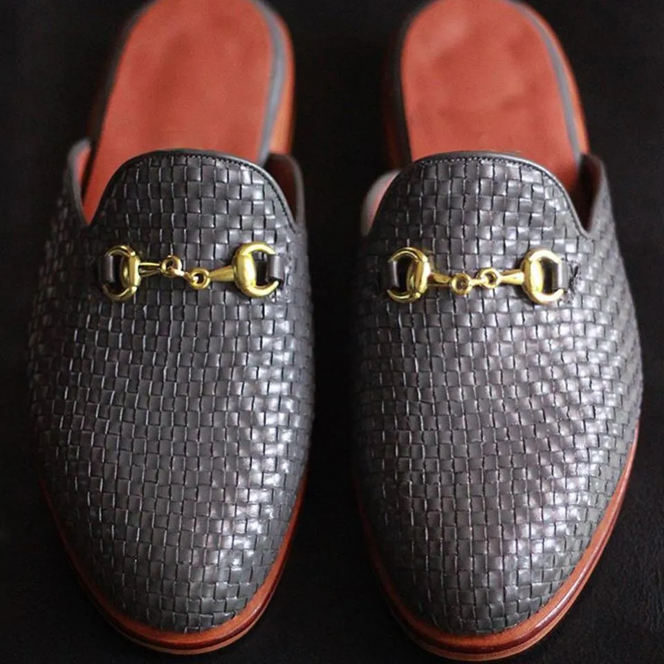 Flat Feet Shoes - Black Woven Braided Leather Leiria Horsebit Slippers with Arch Support sold by Costoso Italiano product image thumbnail 2