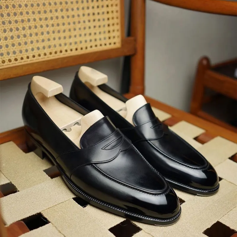 Black Italian Leather Latrobe Slip On Penny Loafers- Goodyear Welted Fiddle Back Violin Sole sold by Costoso Italiano