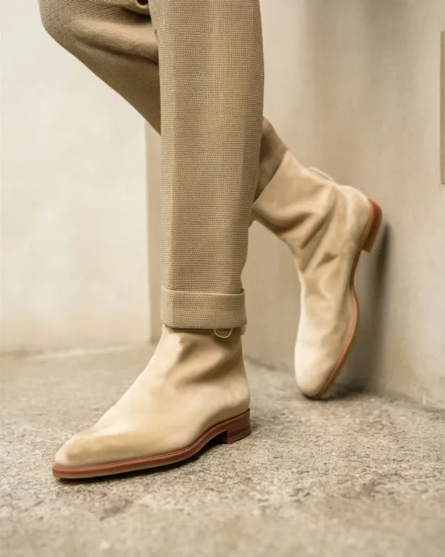Cream Suede Leather Amarante Slip On Jodhpur Boots sold by Costoso Italiano