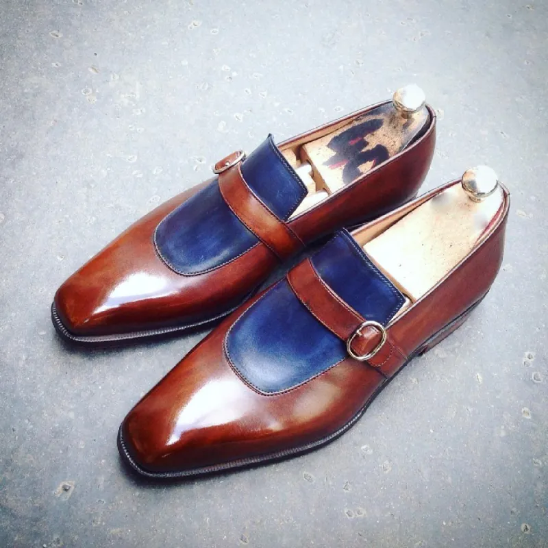 Brown and Navy Blue Leather Alvor Monk Straps sold by Costoso Italiano