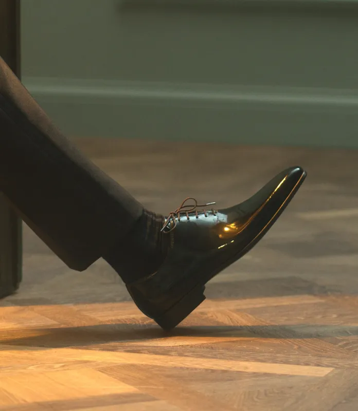 Black Patent Leather Bucoli Whole Cut Lace Up Oxfords sold by Costoso Italiano