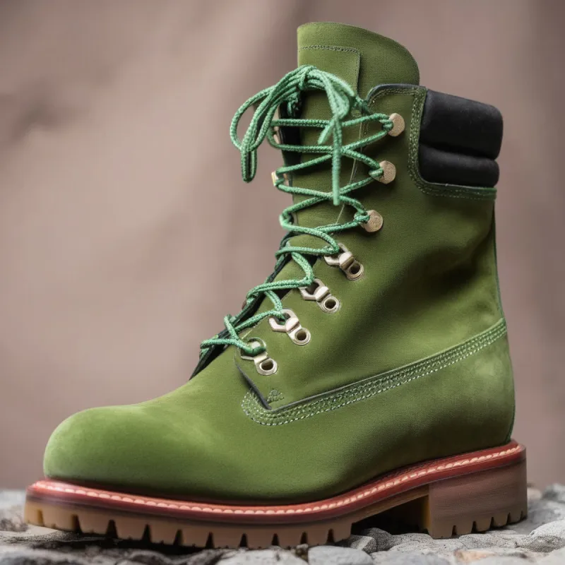 Green Nubuck Leather Abbraccio Mid Calf Rugged Lace Up Combat Hiking Boots with Chunky Track Sole sold by Costoso Italiano