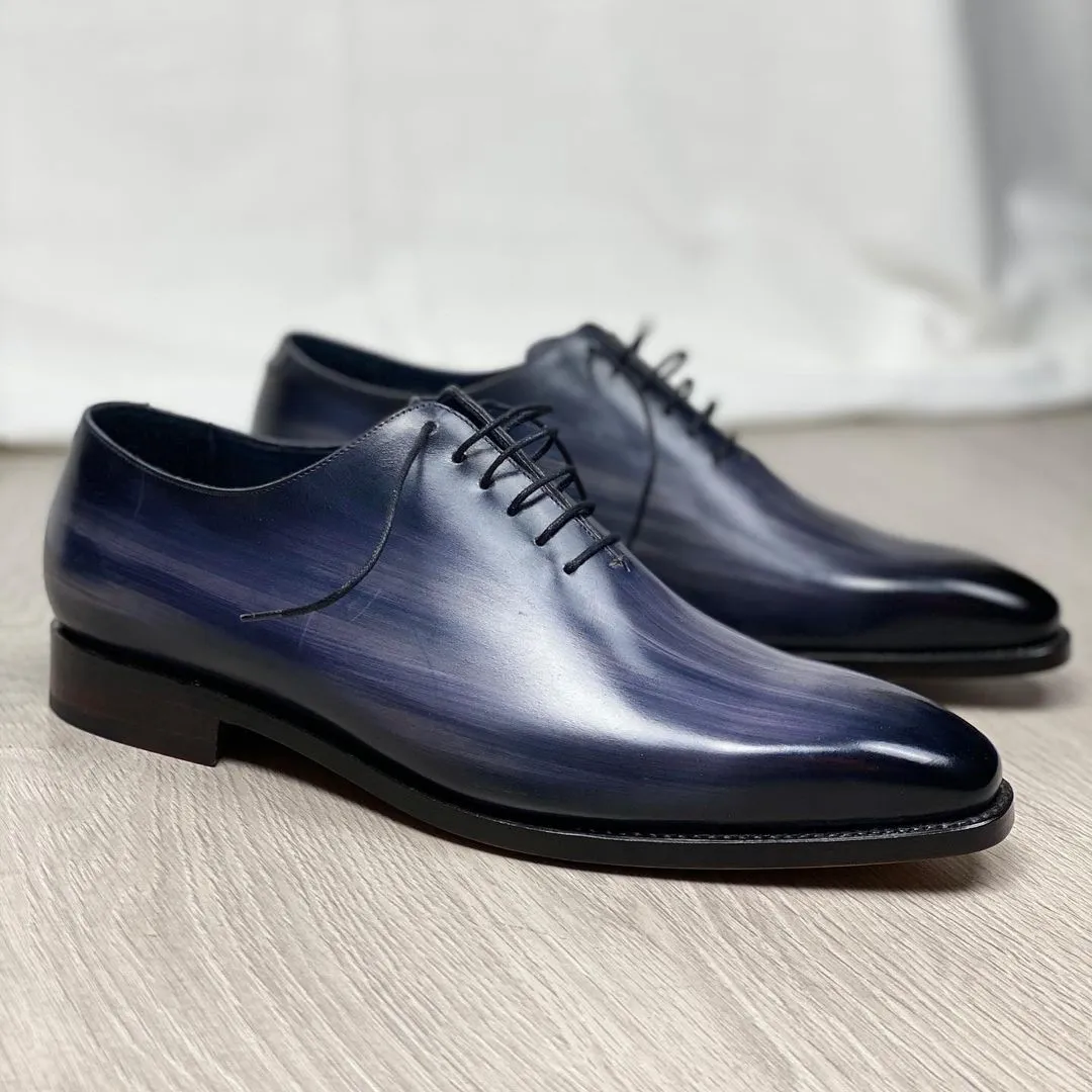 Height Increasing Thunder Blue Leather Emmen Whole Cut Oxfords - Formal Shoes sold by Costoso Italiano