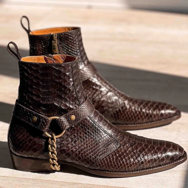 Brown Crocodile/Python Print Italian Leather Wanton Slip On Harness Chelsea Boots - GOODYEAR WELTED FIDDLE BACK VIOLIN SOLE sold by Costoso Italiano
