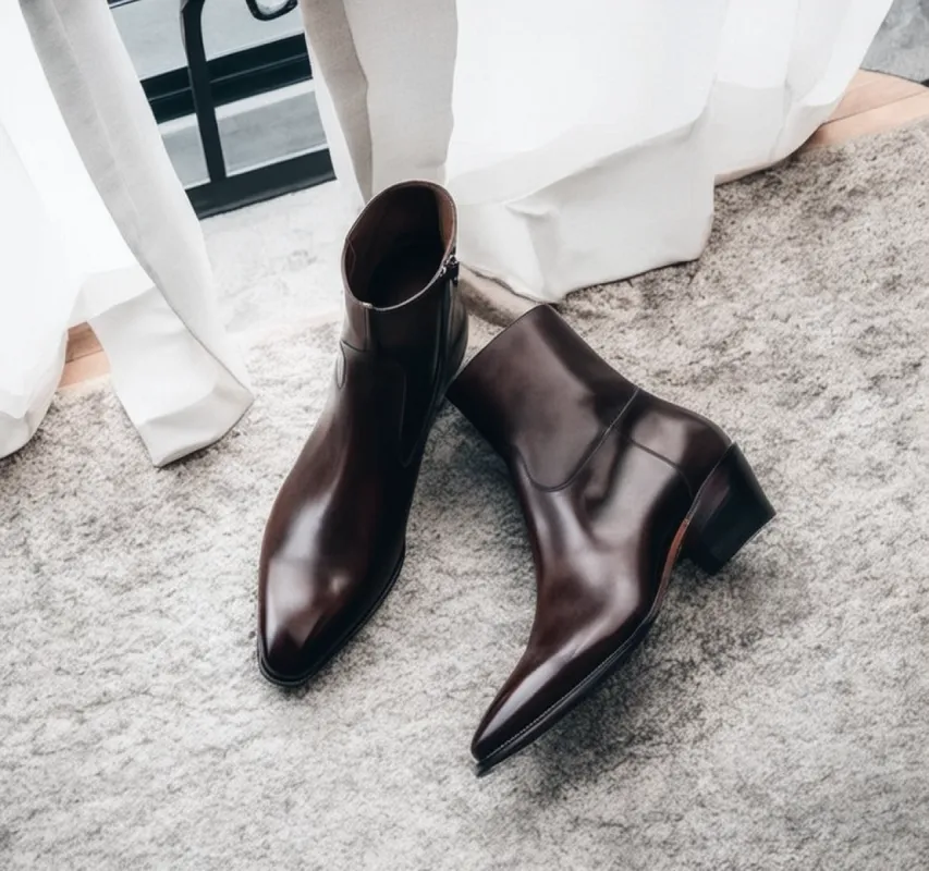Dark Brown Leather Fiorina Slip On Zipper Pointed Boots for Men - AW24 sold by Costoso Italiano