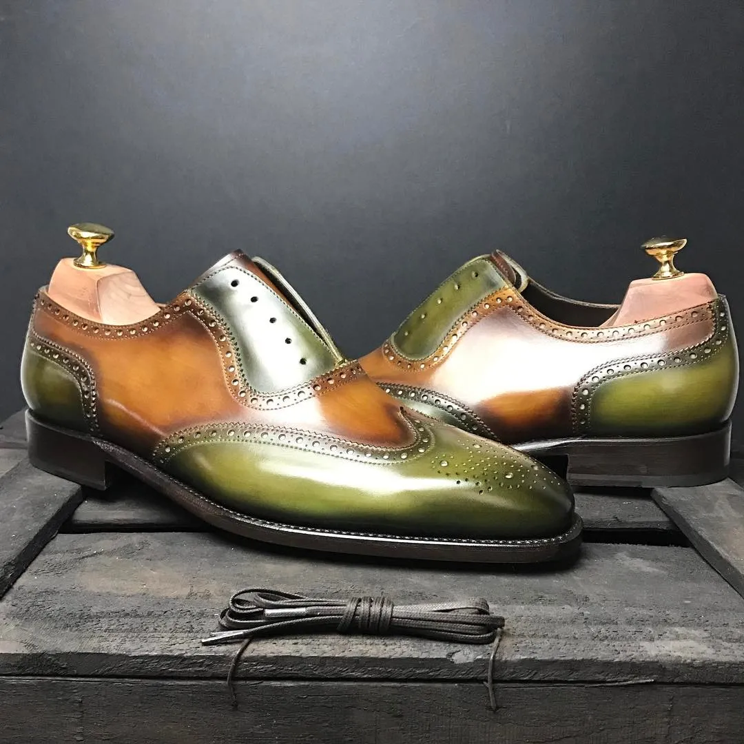 Height Increasing Olive Green and Tan Leather Estoril Brogue Toe Cap Oxfords - Formal Shoes sold by Costoso Italiano