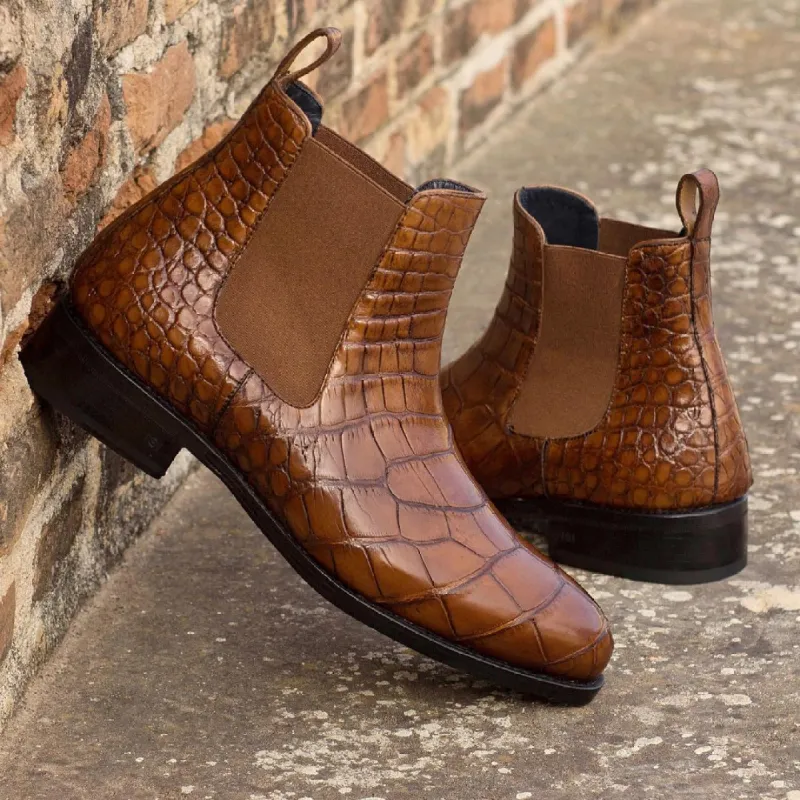 Height Increasing Brown Croc Print Leather Tarragona Slip On Chelsea Boots sold by Costoso Italiano