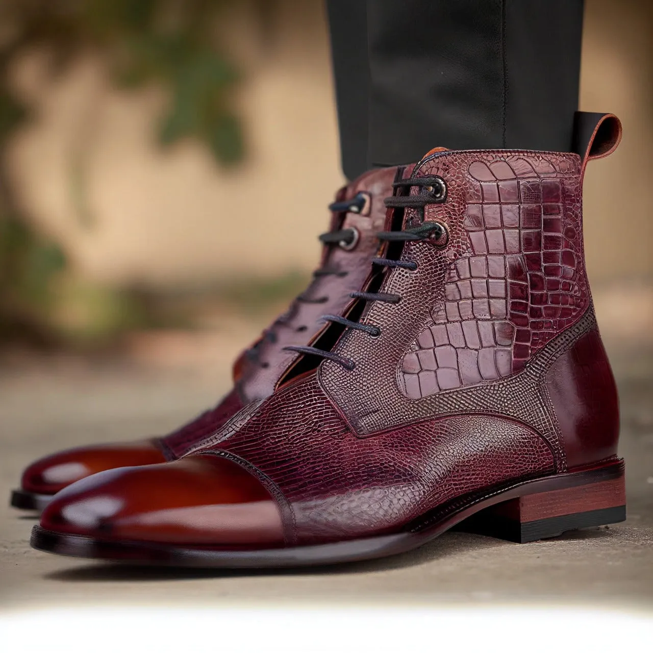 Burgundy Brown Croc Print Textured Leather Fraser Lace Up Derby Boot For Men sold by Costoso Italiano